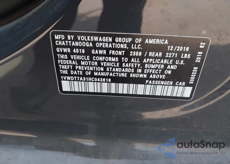 2017 Volkswagen Passat 1.8T R-Line z USA, uszkodzony, nr VIN 1VWDT7A31HC043618